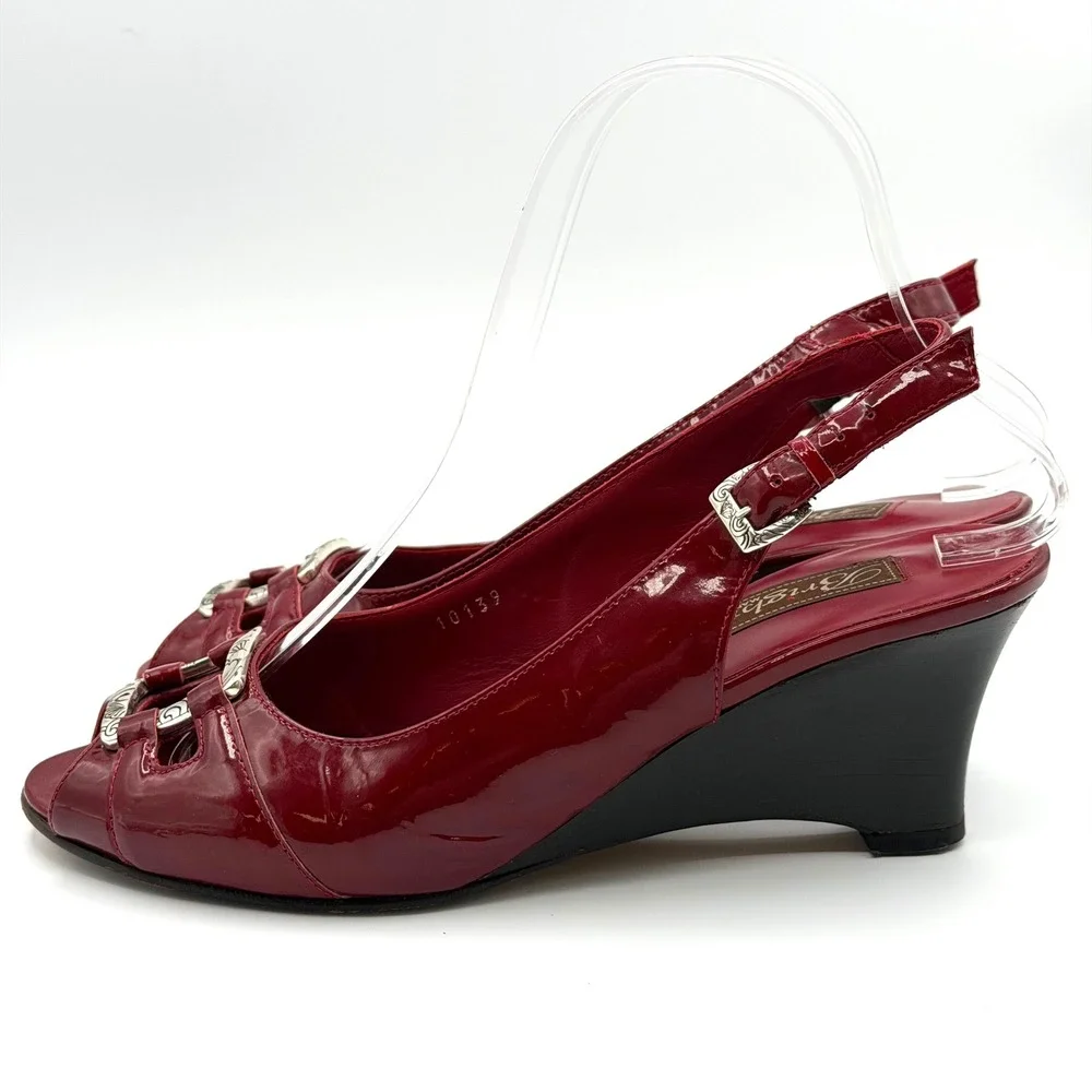 Brighton Napoli Wedge Sandals Women 8M Red Patent Leather Slingback Buckle Chic